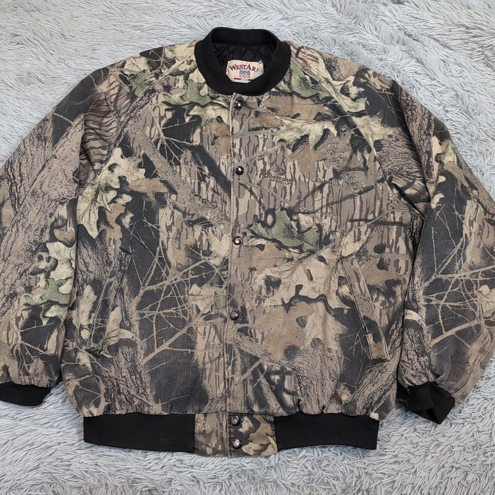 Vintage West Ark Jacket Mens XL Camo Woodlands Hunting Mossy Oak Snap Up Pockets